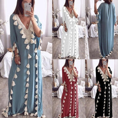 V Neck Tassels Bohemian Half Sleeve Maxi Dresses