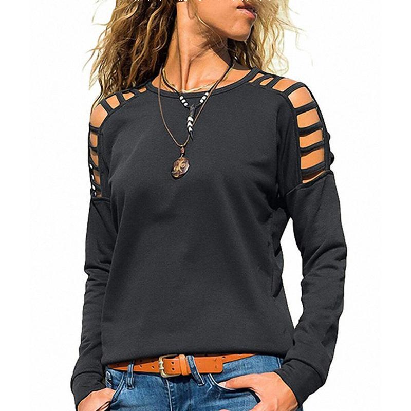 Round Neck Hollow Out Long Sleeve Plain T-Shirts