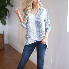 V Neck Snake Printed Asymmetrical Hem Fashion Blouses