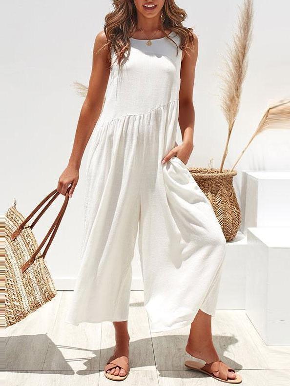 Casual Round Collar Plain Loose Sleeveless Jumpsuit