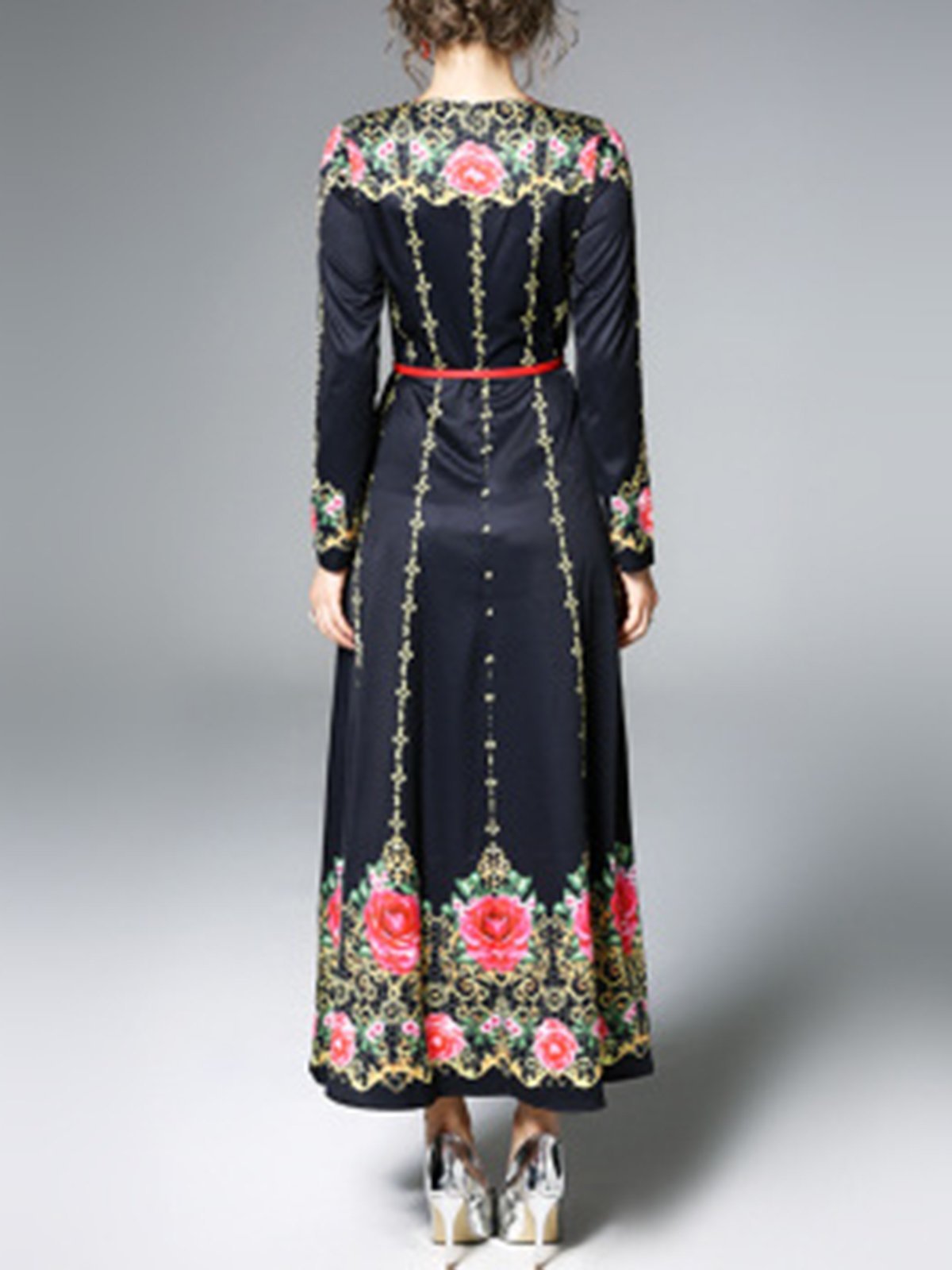 Black Elegant Floral Long Sleeve Maxi Dress