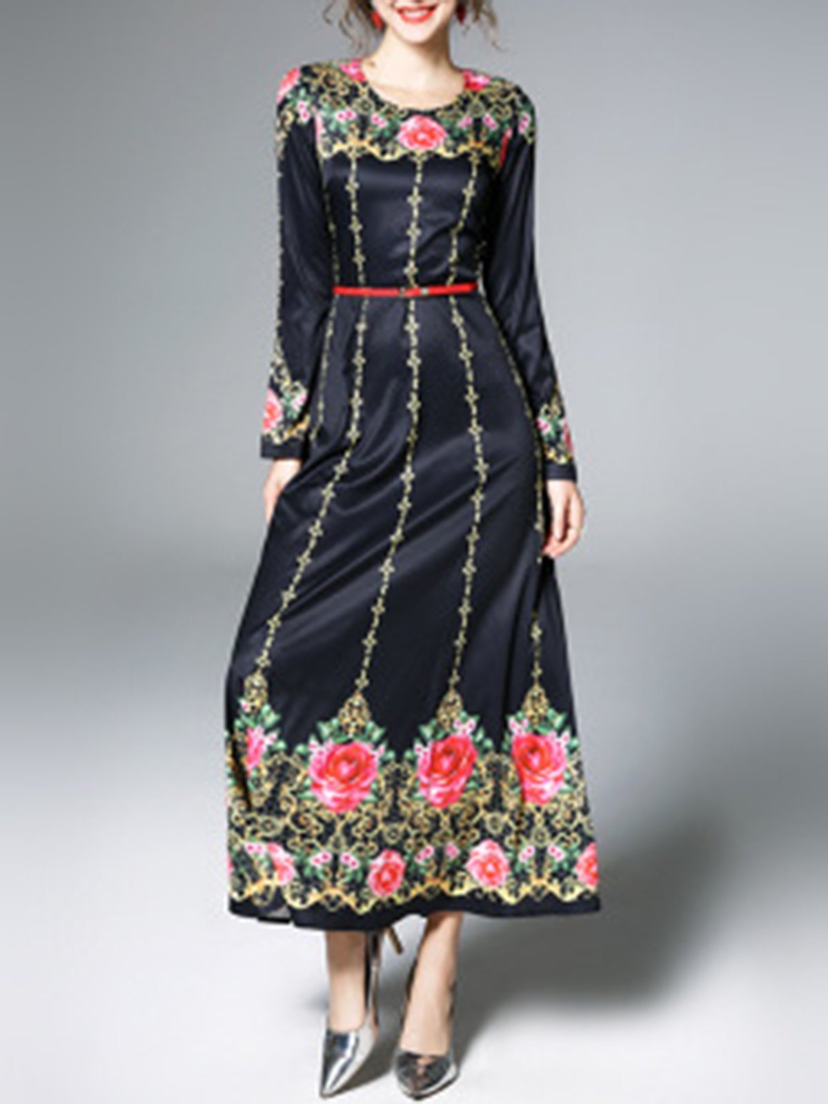 Black Elegant Floral Long Sleeve Maxi Dress