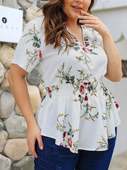 V Neck Zipper Woman Flower Printed Plus Size Large Loose Blouses