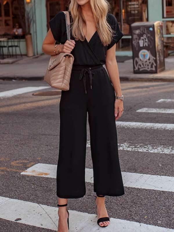 Black V Neck Women Daily Belt Tie Jumpsuits