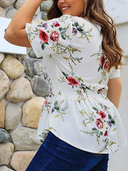 V Neck Zipper Woman Flower Printed Plus Size Large Loose Blouses