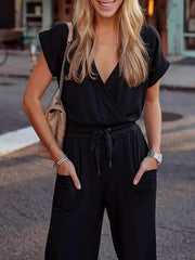 Black V Neck Women Daily Belt Tie Jumpsuits