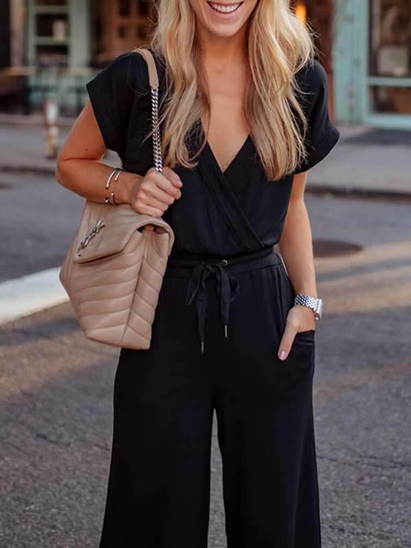 Black V Neck Women Daily Belt Tie Jumpsuits