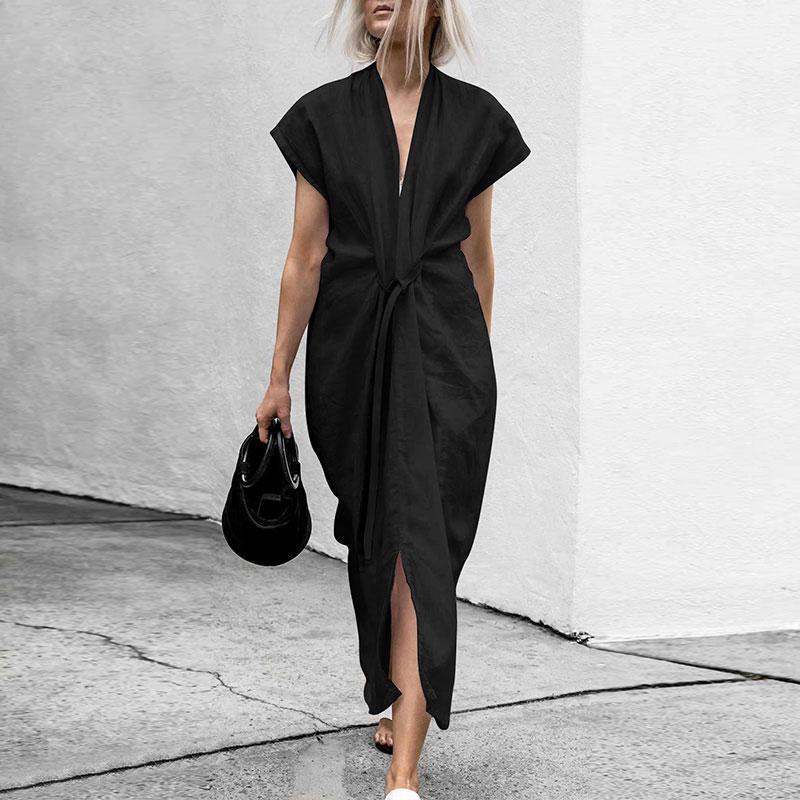 Chic V Collar Plain Belted Slit Maxi Dress