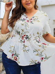 V Neck Zipper Woman Flower Printed Plus Size Large Loose Blouses