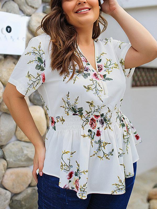 V Neck Zipper Woman Flower Printed Plus Size Large Loose Blouses