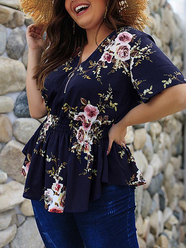 V Neck Zipper Woman Flower Printed Plus Size Large Loose Blouses