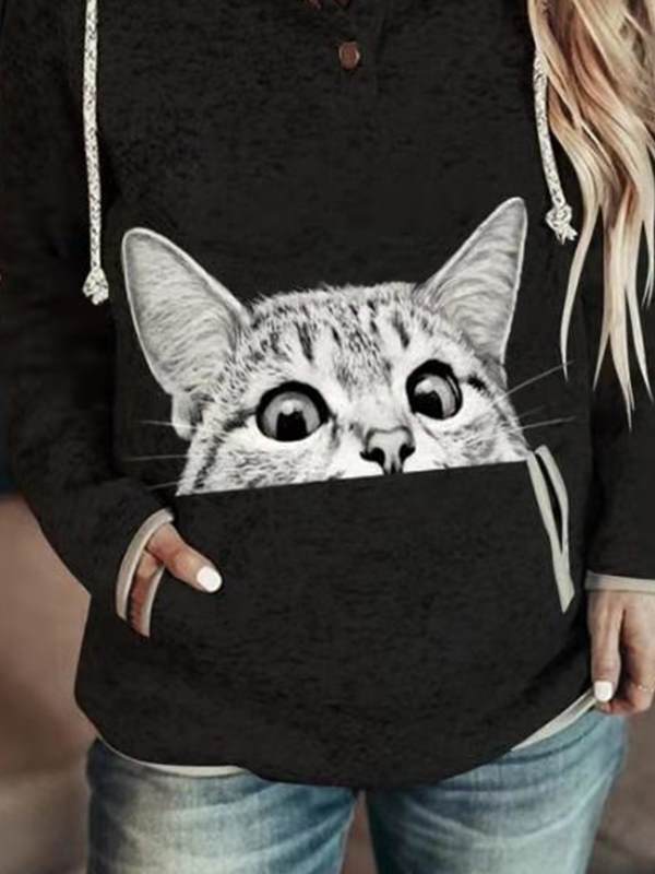 White cat printed fashion with pocket women hoodied