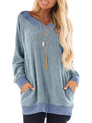 V-Neck Contrast Sweatshirt Long Sleeve Pullover Casual T-Shirts