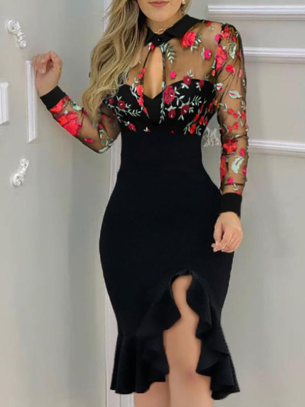 Sexy black long sleeve Net yarn ruffle bodycon dresses