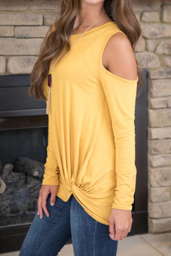 Open Shoulder  Asymmetric Hem  Plain T-Shirts