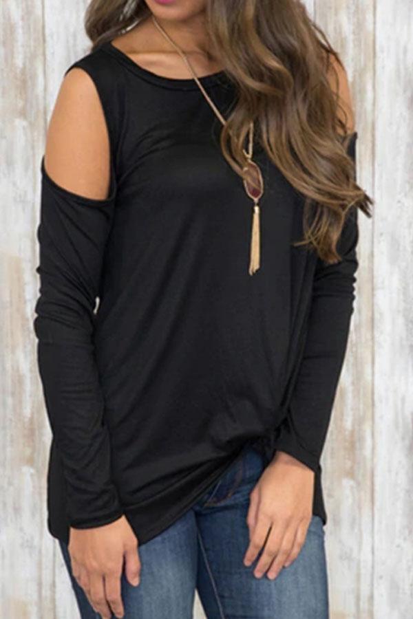 Open Shoulder  Asymmetric Hem  Plain T-Shirts