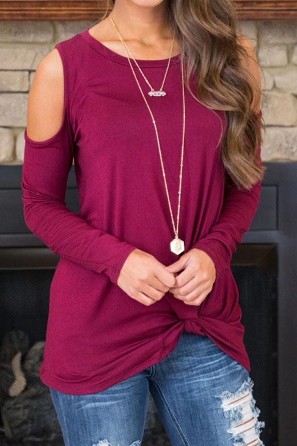 Open Shoulder  Asymmetric Hem  Plain T-Shirts