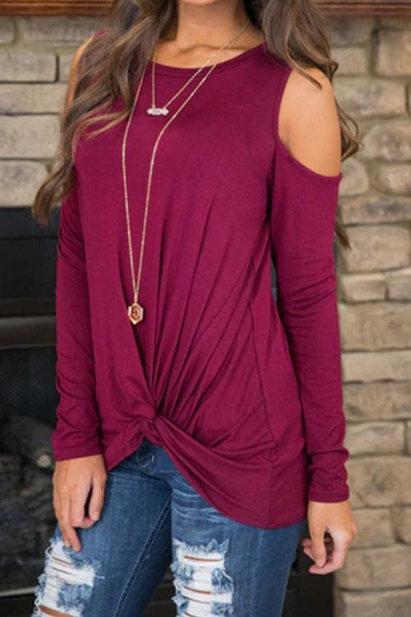 Open Shoulder  Asymmetric Hem  Plain T-Shirts