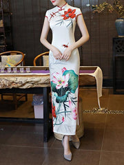 Vintage Floral-printed Long Cheongsams Dress