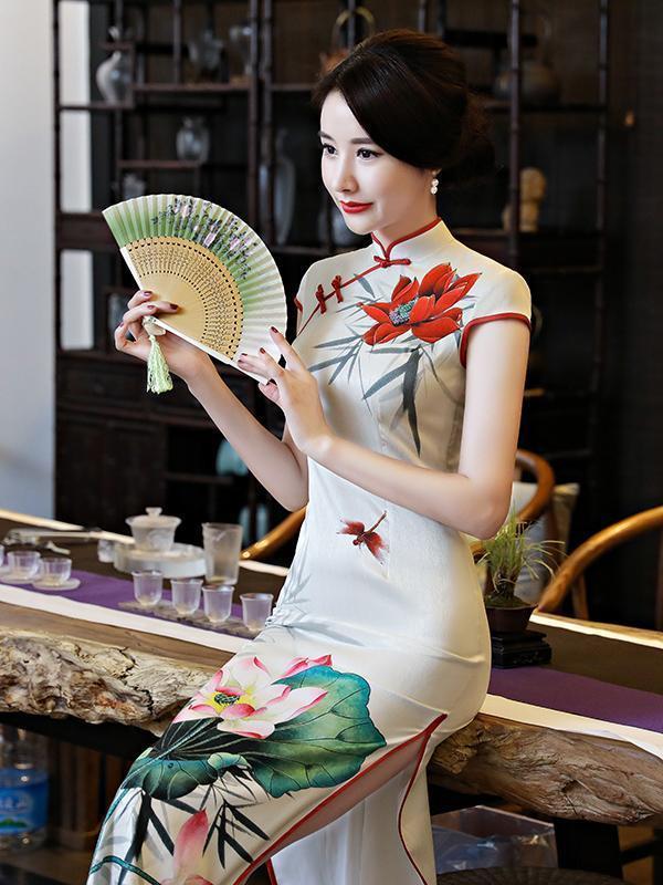 Vintage Floral-printed Long Cheongsams Dress