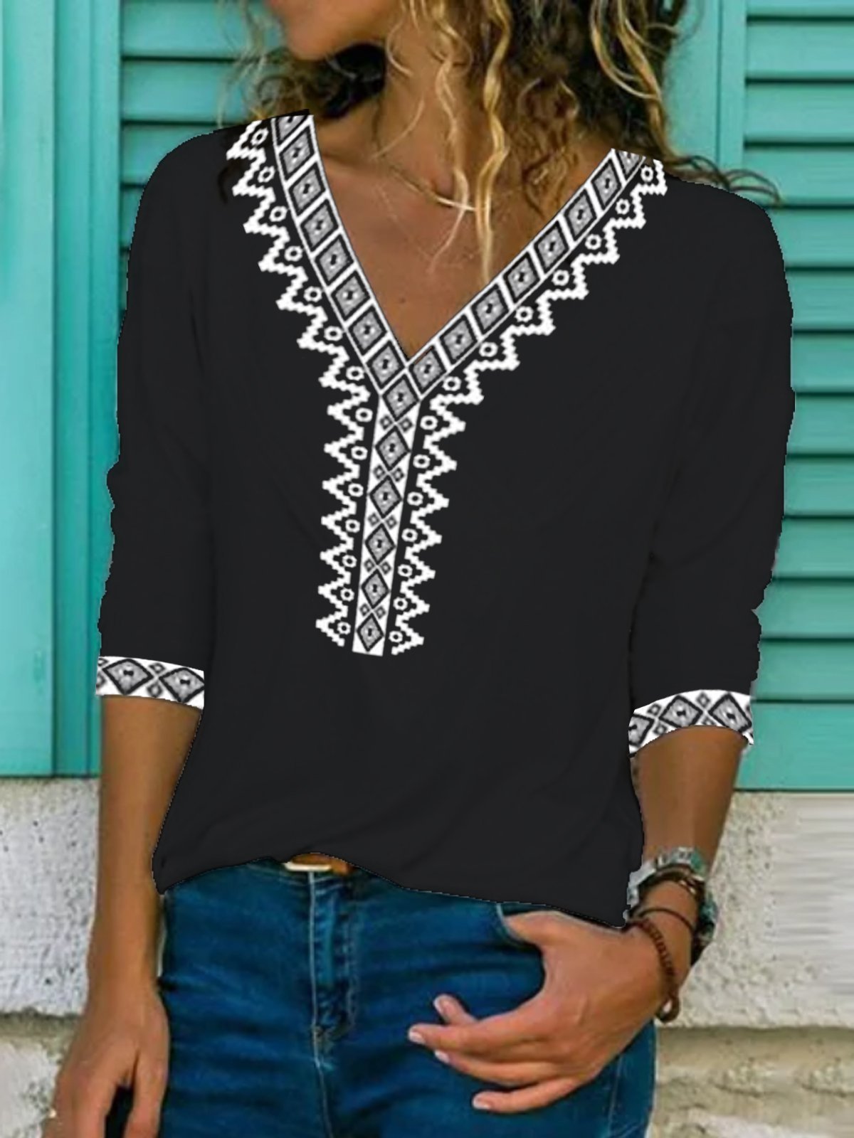 Paisley Half Sleeve  Printed  Cotton-blend V neck  Vintage  Summer  Black Top