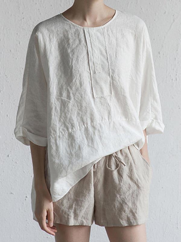 Loose Women Plain Cotton linen Three Quarter Sleeve Blouses