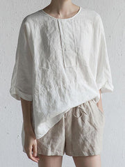 Loose Women Plain Cotton linen Three Quarter Sleeve Blouses