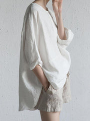 Loose Women Plain Cotton linen Three Quarter Sleeve Blouses
