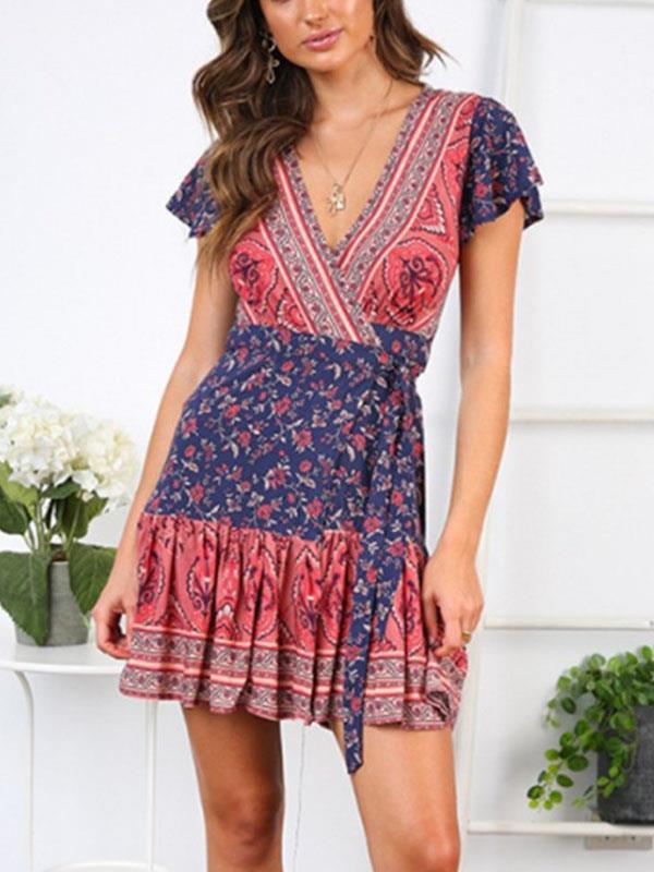 Sexy v-neck dress printed color skater dresses