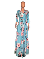 Sexy Daily Woman V Neck Three Quarter Sleeve Flory Printed Long Maxi Dresses
