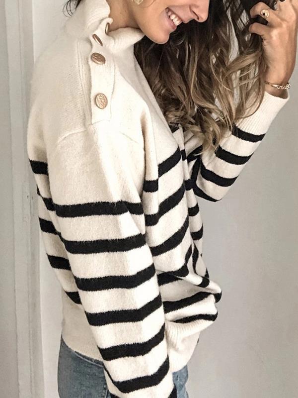 Chic high neck women long sleeve stripe sweaters