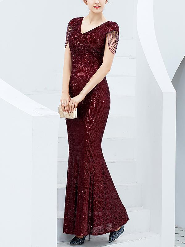 Elegant long sequined fish tail  slim long evening dresses