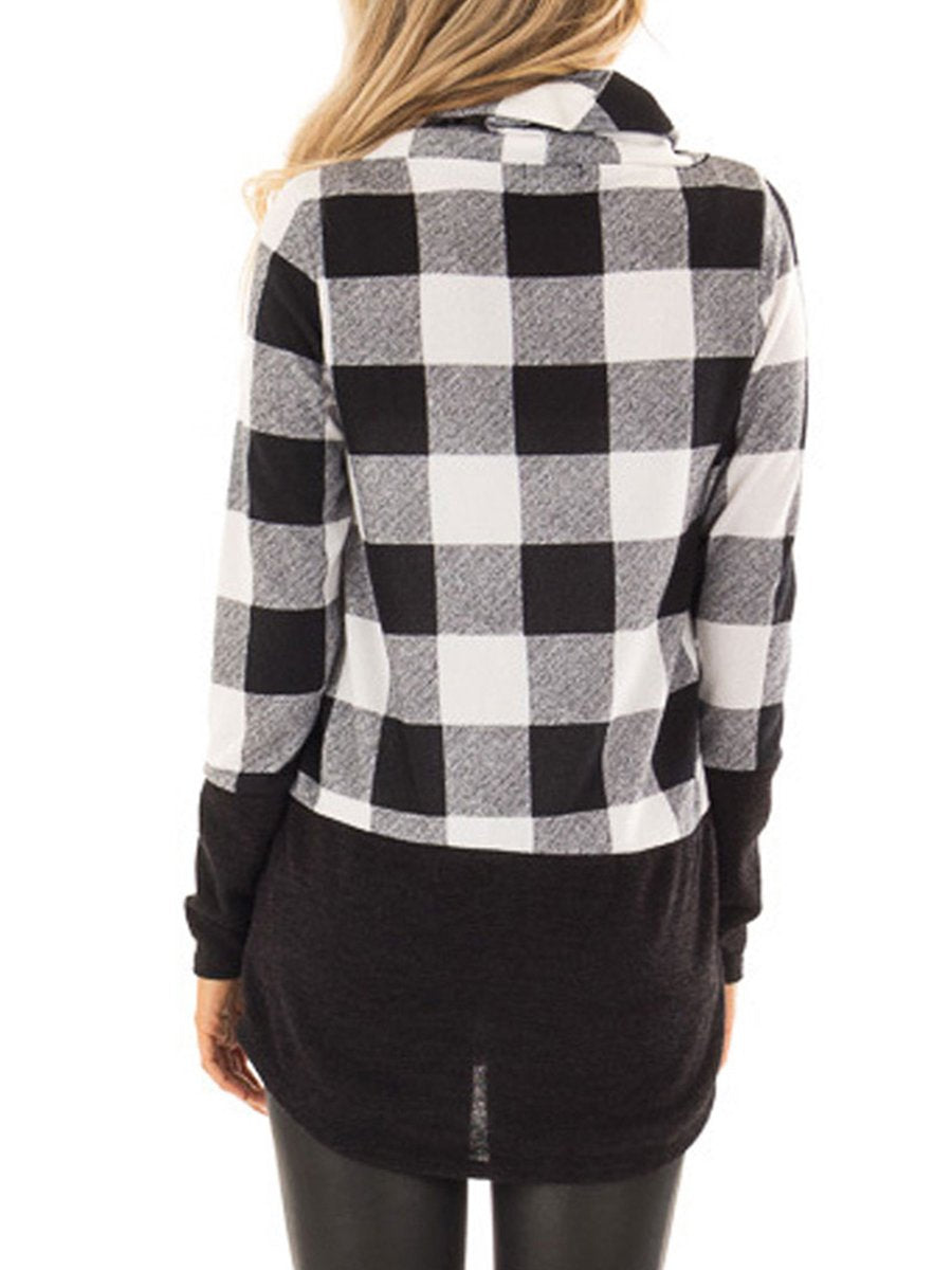 Woman Thin Grid Long Sleeve High Collar Sweatshirts