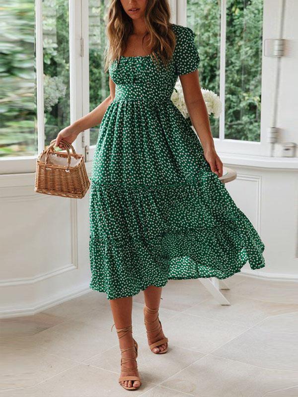 Fashion flower printed square neck short sleeve women maxi dresses