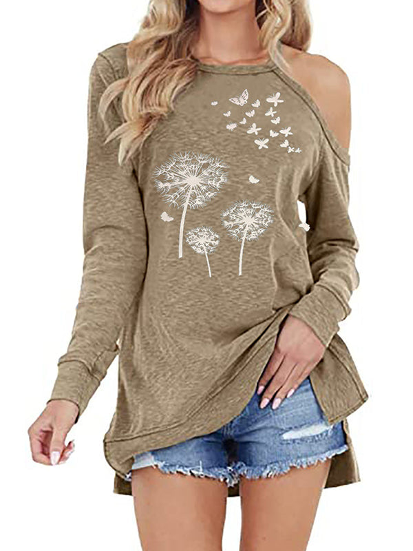 One off shoulder flower printed women fashion long T-shirts tops