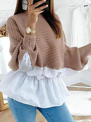 Women Colorblock Insert Ruffles Ribbed Batwing Sleeve Blouse