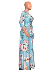 Sexy Daily Woman V Neck Three Quarter Sleeve Flory Printed Long Maxi Dresses