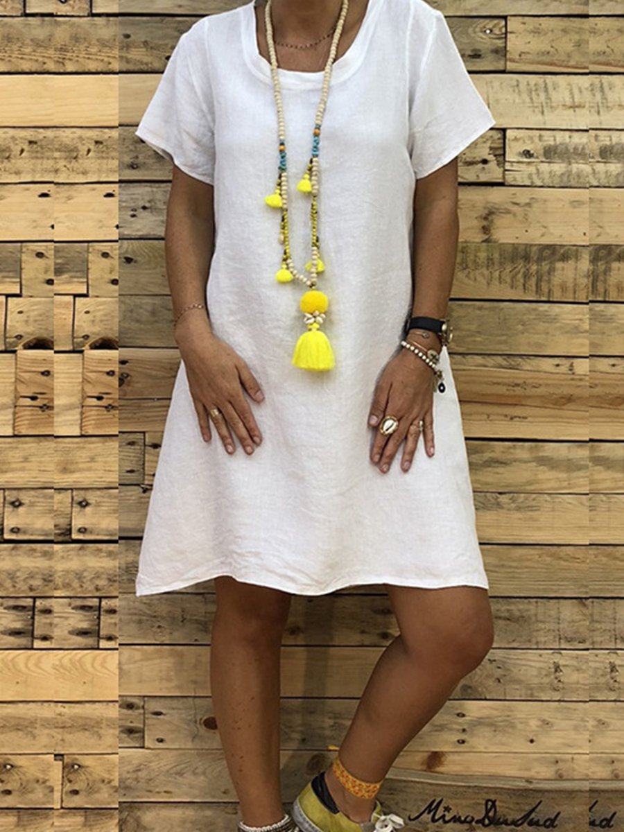 Round Neck Short Sleeve Plain Casual Shift Dress