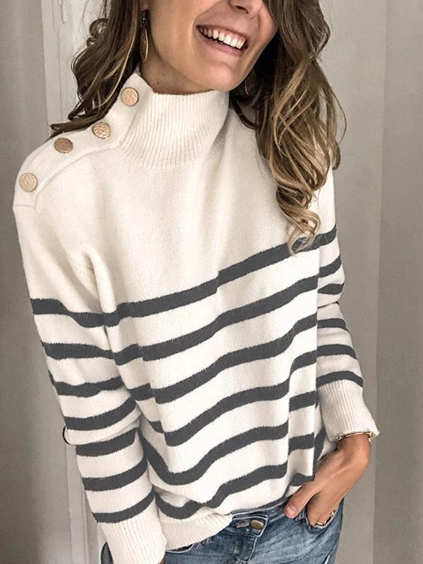 Chic high neck women long sleeve stripe sweaters