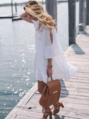 White 3/4 Trumpet Sleeves Mini Beach Dress