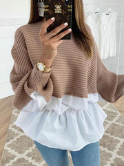 Women Colorblock Insert Ruffles Ribbed Batwing Sleeve Blouse