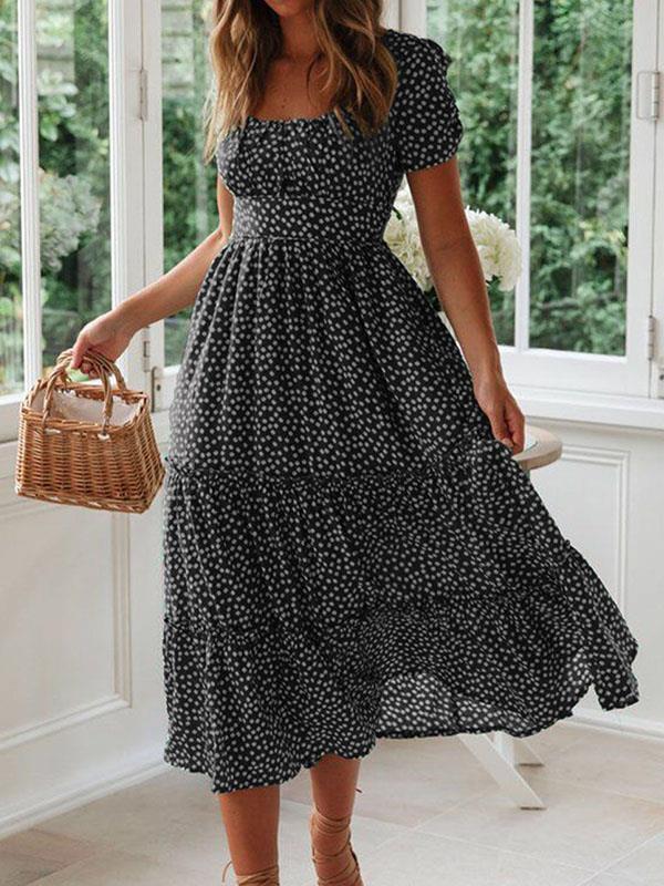 Fashion flower printed square neck short sleeve women maxi dresses