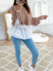 Women Colorblock Insert Ruffles Ribbed Batwing Sleeve Blouse