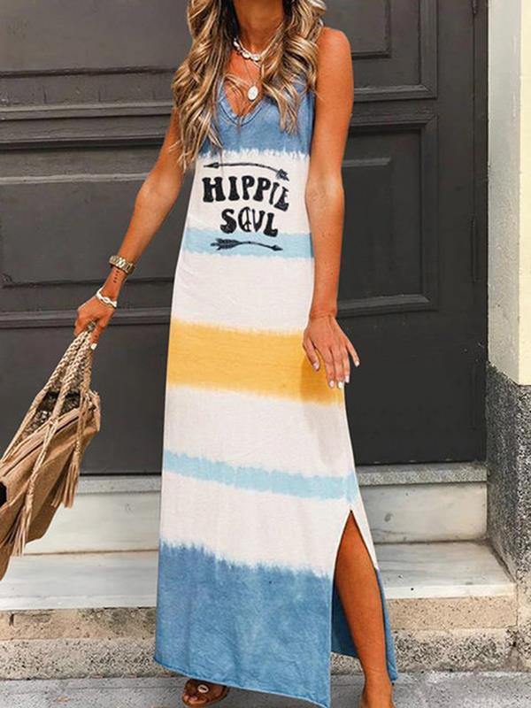 Sleeveless v-neck casual a-line printed strap Maxi Dresses