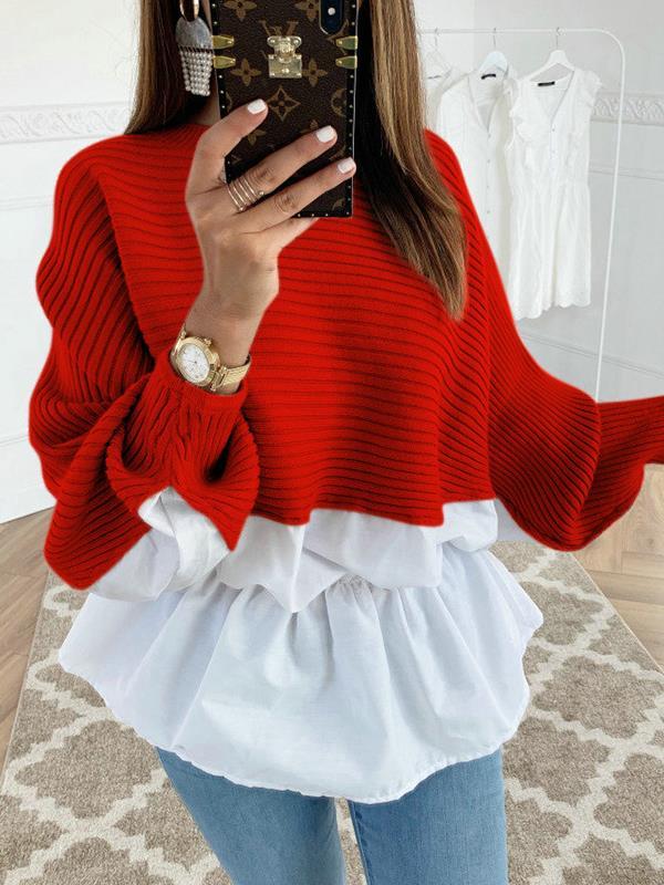 Women Colorblock Insert Ruffles Ribbed Batwing Sleeve Blouse