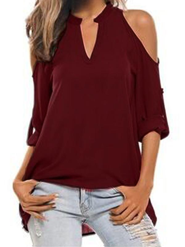 Chiffon long-sleeved Off shoulder v-neck irregular loose stand-up collar T-shirts