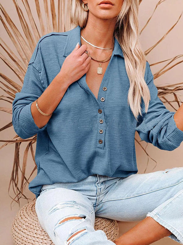 Casual v neck women button long sleeve plain blouses