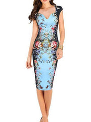 V-Neck Floral Printed Knee Length Bodycon Dress