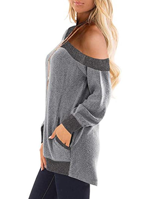 V-Neck Contrast Sweatshirt Long Sleeve Pullover Casual T-Shirts