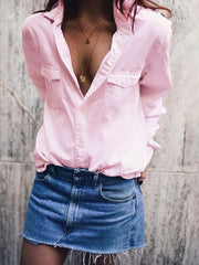 Plain Loose Casual Long Sleeve Women Pocket Blouse